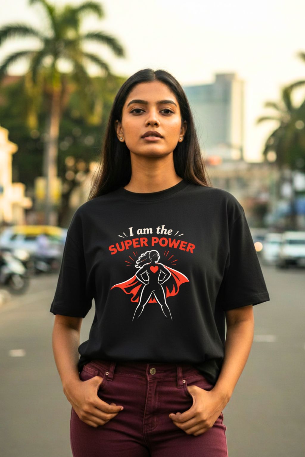 JUNOSHI I Am The Super Power Oversized Tee — Indian Women's Freedom Threads, Desi Pride Worn Loud