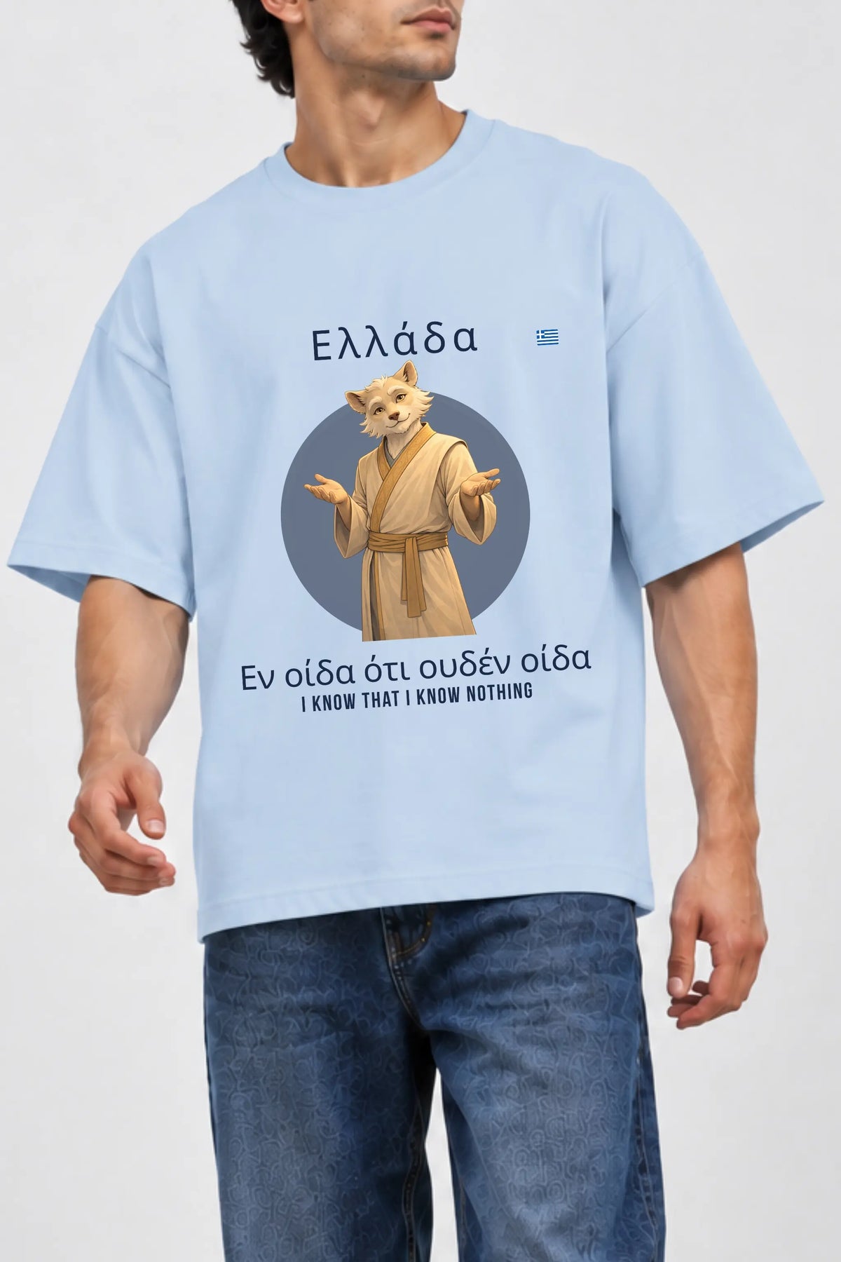 I Know Nothing Greek: Curious Humility Oversized Terry T-Shirt, Shifu Front Print Close-Up | JUNOSHI