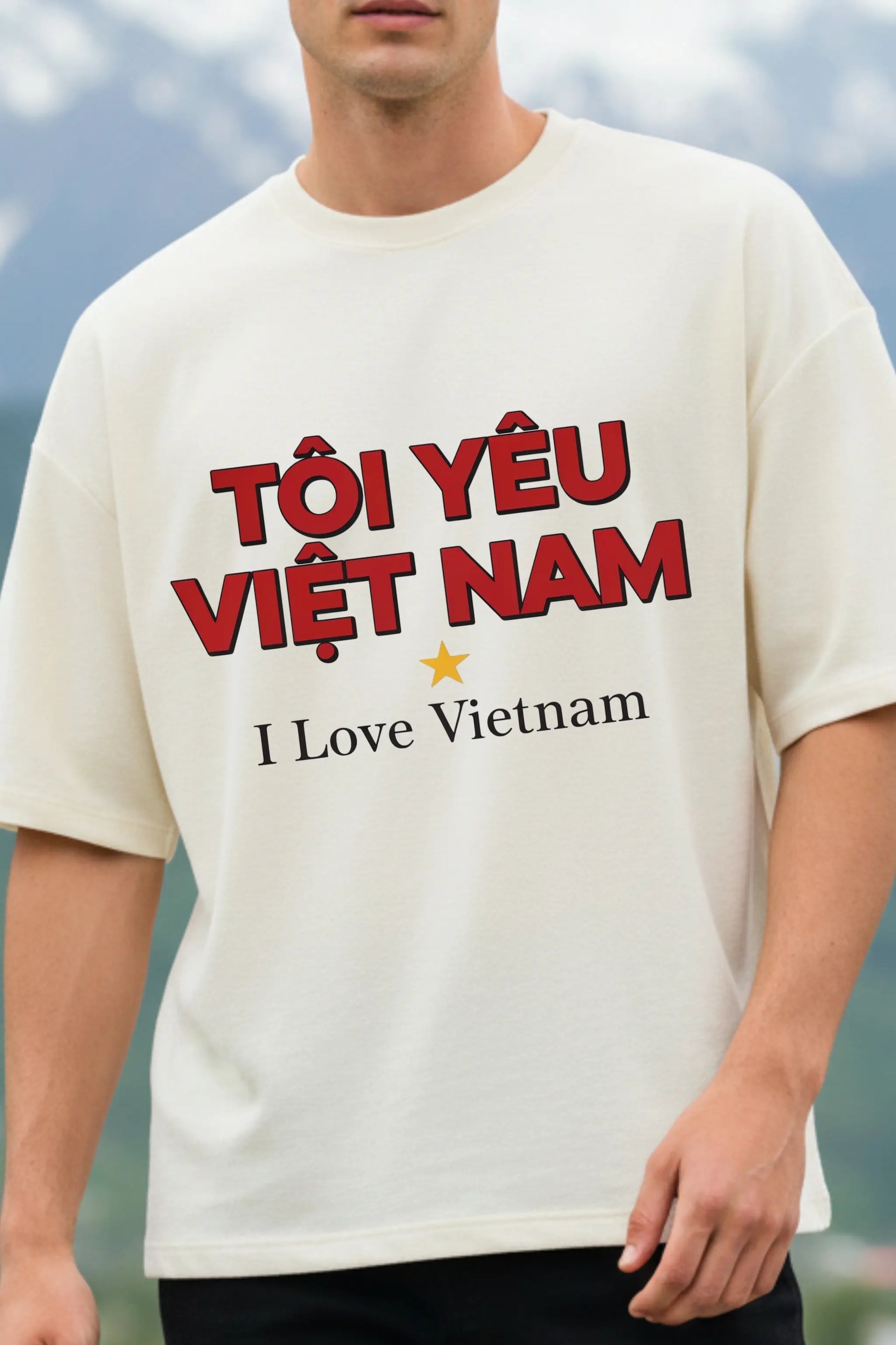 Close-up of I Love Vietnam oversized t-shirt showing bold "Tôi Yêu Việt Nam" graphic print — DTF printed travel tee | JUNOSHI
