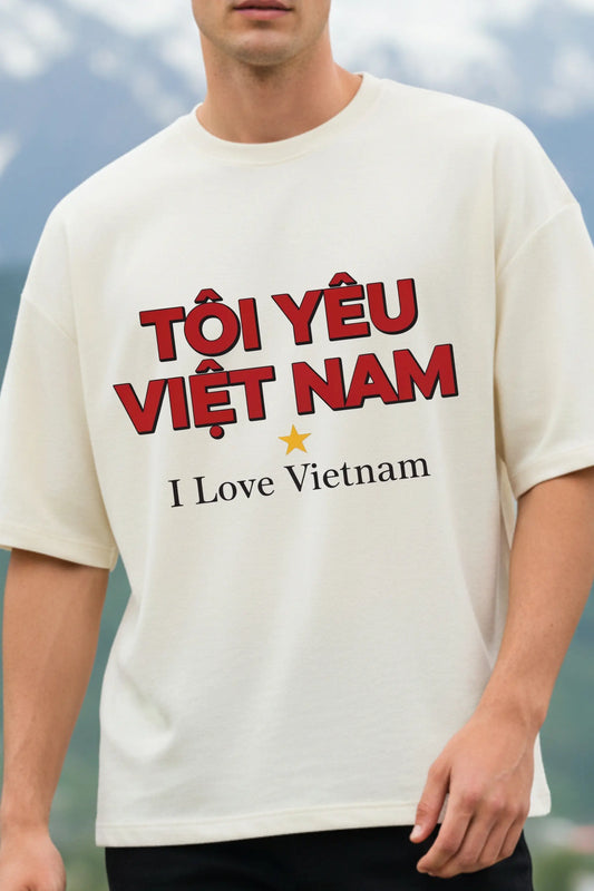 Close-up of I Love Vietnam oversized t-shirt showing bold "Tôi Yêu Việt Nam" graphic print — DTF printed travel tee | JUNOSHI