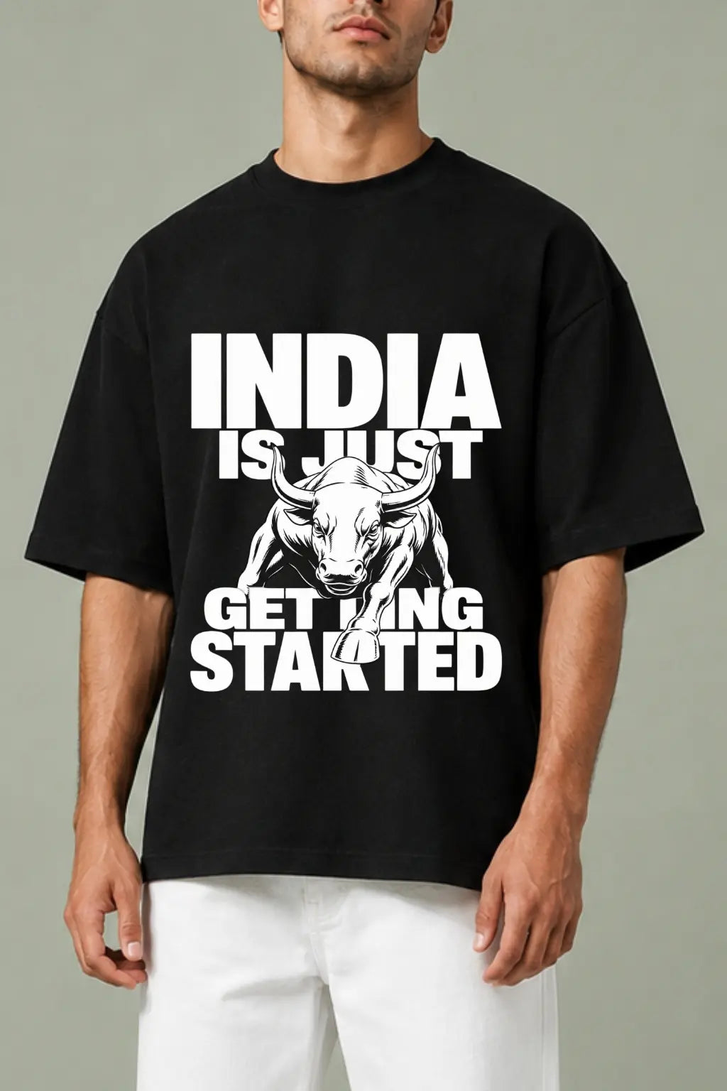 India Getting Started Bull Graphic — Close-Up Print Detail Oversized Tee | JUNOSHI