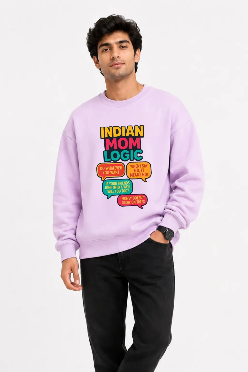 Man wearing lavender Indian Mom Logic printed oversized sweatshirt with funny mom quotes