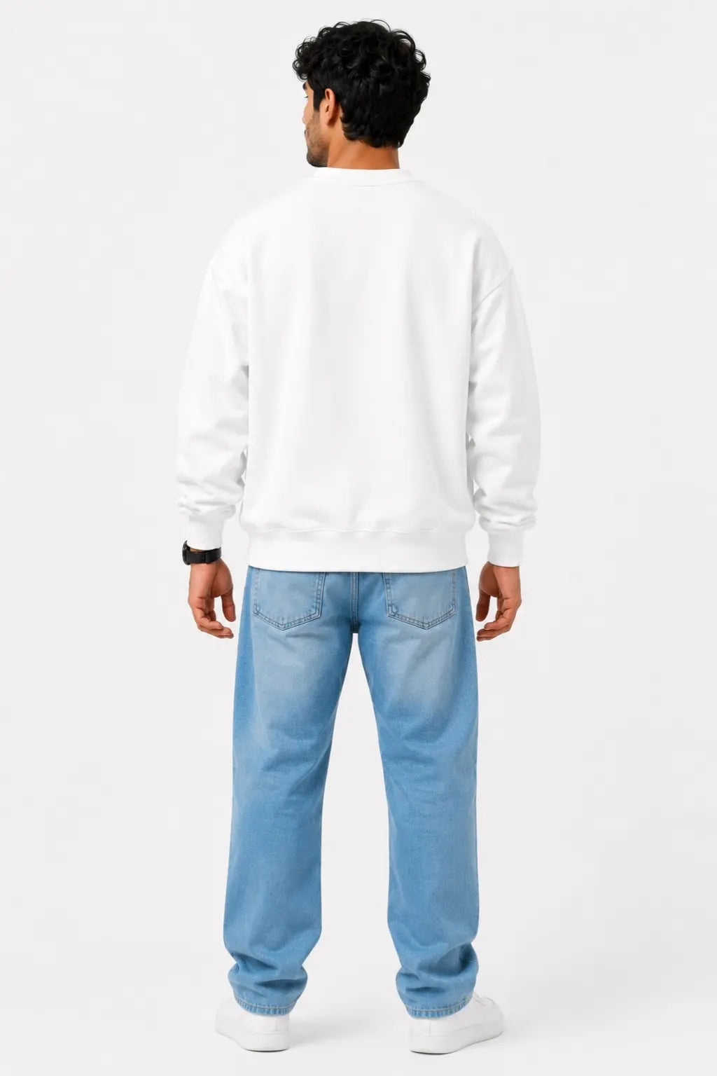 Back view of plain white Indian Mom Logic crewneck sweatshirt on male model
