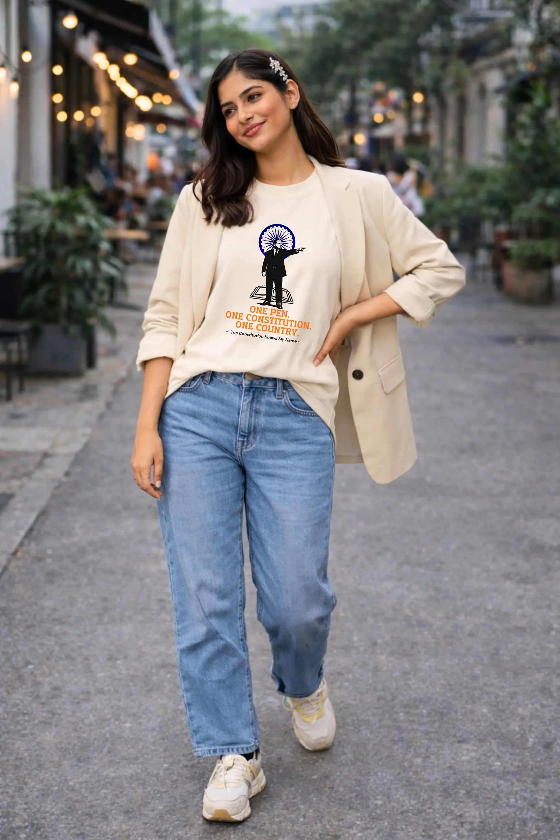 JUNOSHI Constitution Oversized Tee Women — Ambedkar Jayanti Streetwear India, Styled with Blazer and Jeans
