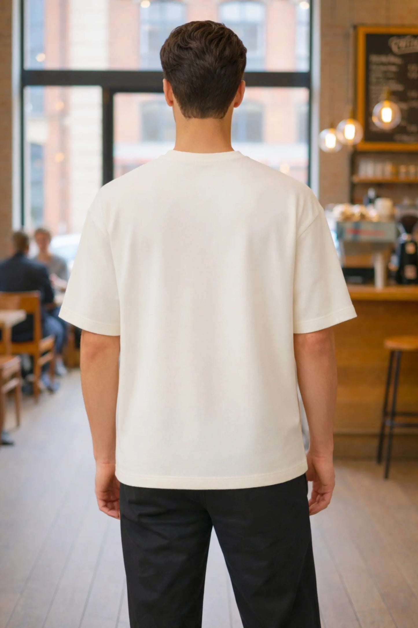JUNOSHI Oversized Terry Tee Unisex Back View — Drop Shoulder Fit, Biowashed Off-White Fabric