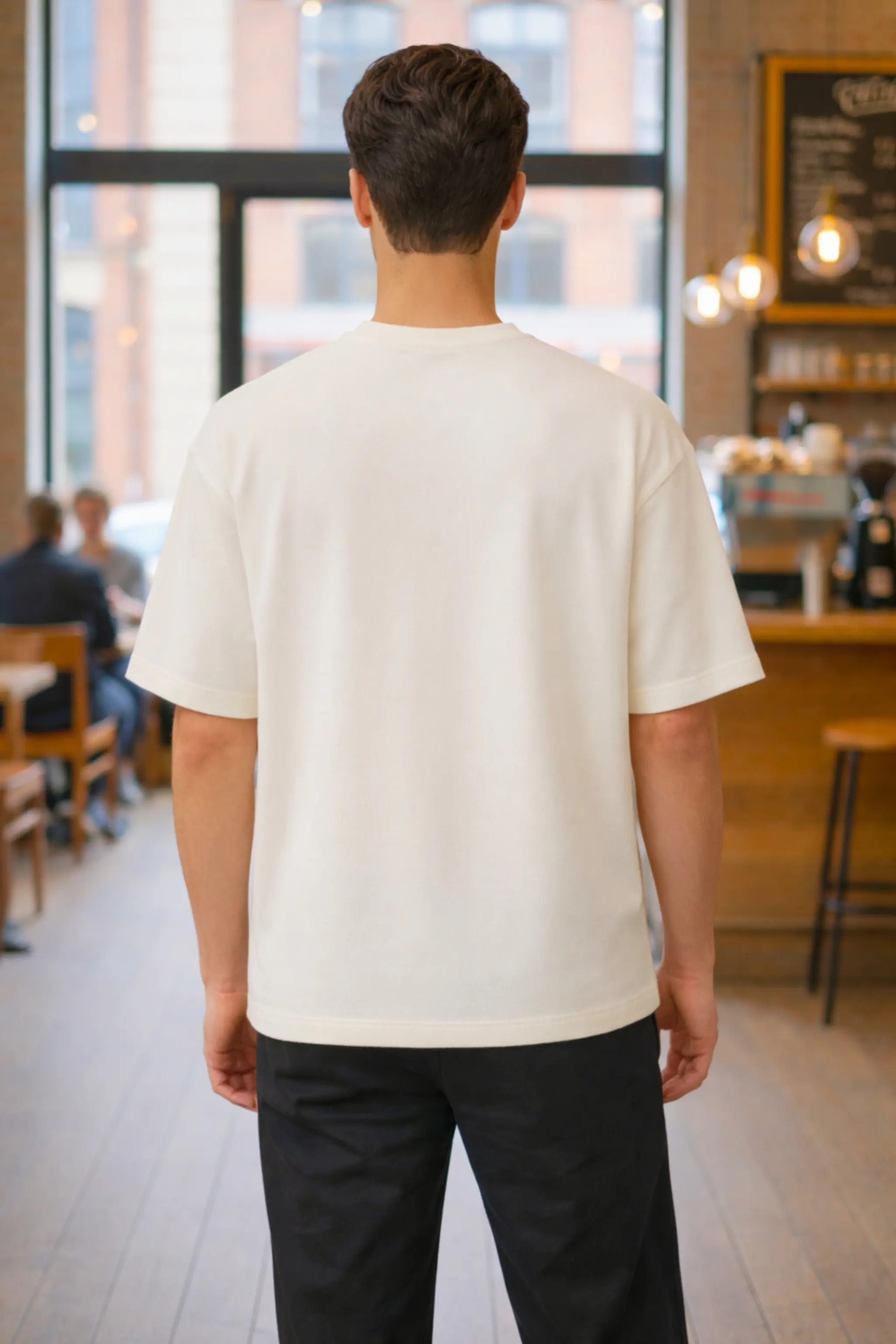 JUNOSHI Oversized Terry Tee Unisex Back View — Drop Shoulder Fit, Biowashed Off-White Fabric