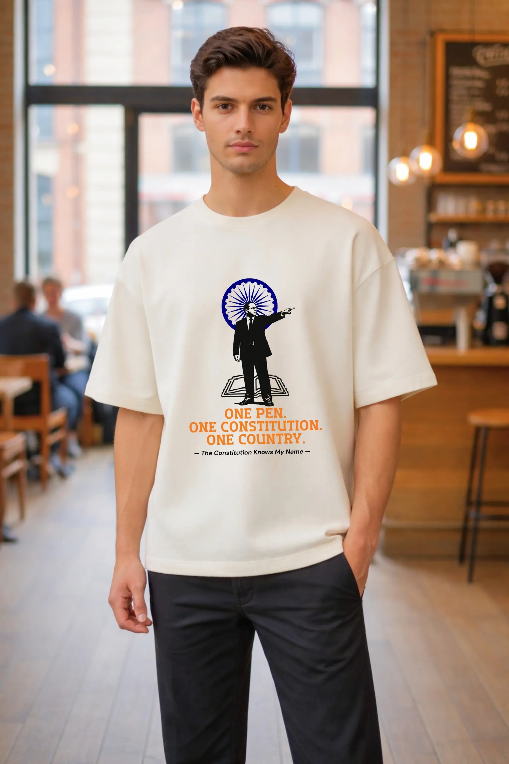 JUNOSHI Ambedkar Jayanti Oversized Terry Tee Unisex — One Pen One Constitution One Country, Indian Constitutional Streetwear