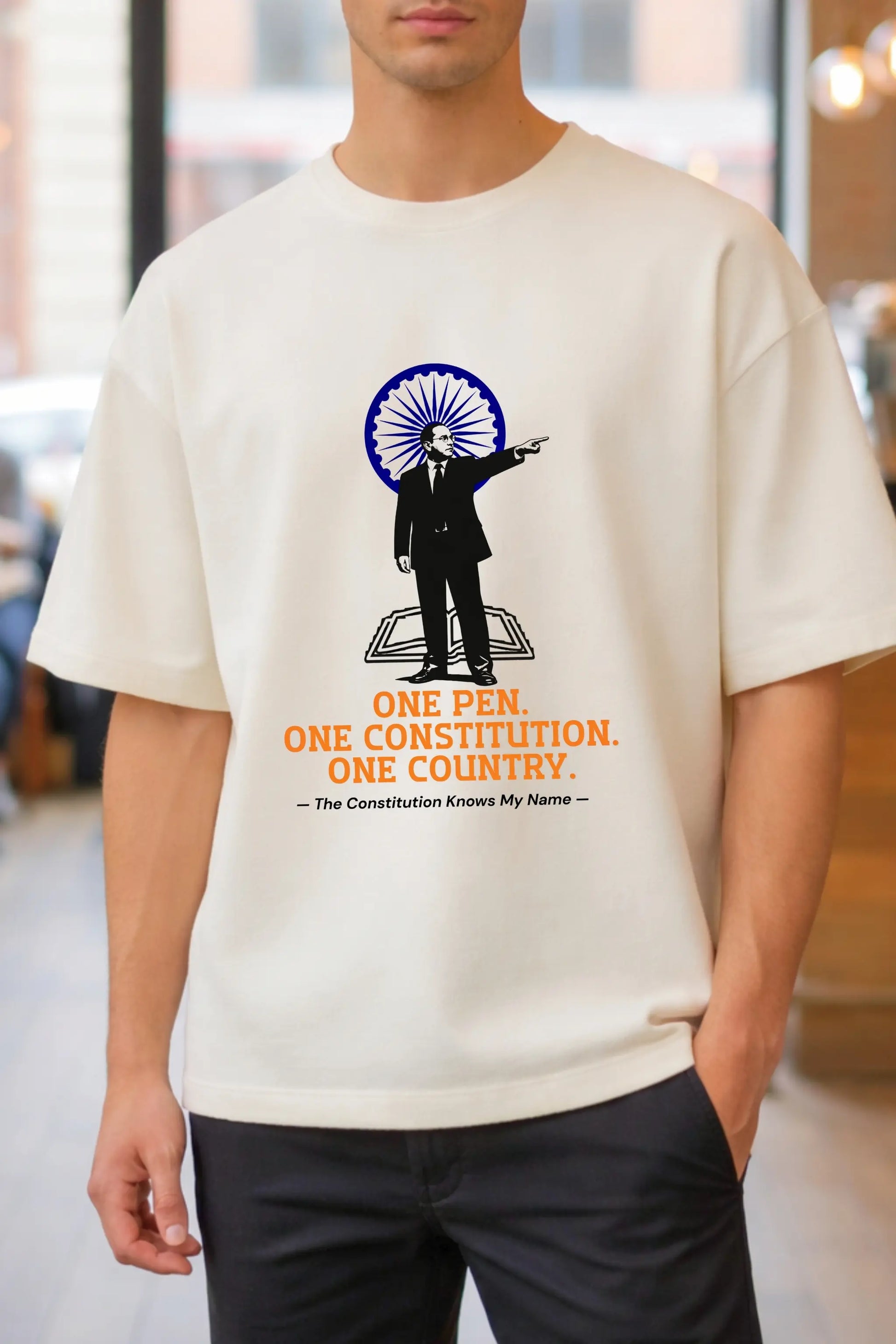 JUNOSHI Constitution Graphic Oversized Tee Men — Ambedkar Jayanti Drop, DTF Print Detail Written in Stone