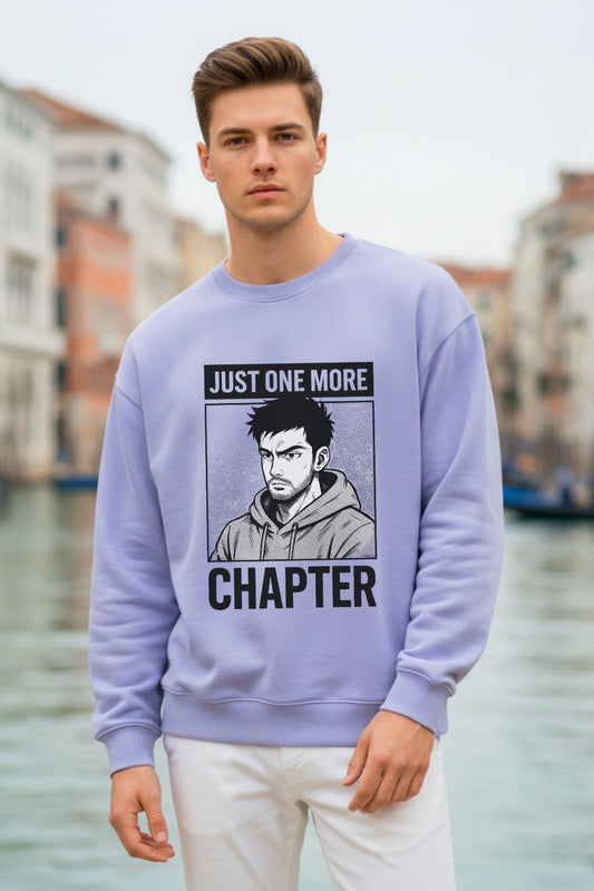 JUNOSHI Anime Oversized Sweatshirt Men Lavender — Just One More Chapter Print, Otaku Binge-Reading Streetwear