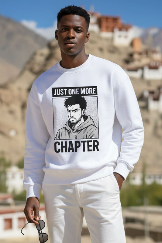 JUNOSHI Anime Oversized Sweatshirt Men White — Just One More Chapter Graphic, Otaku Streetwear India