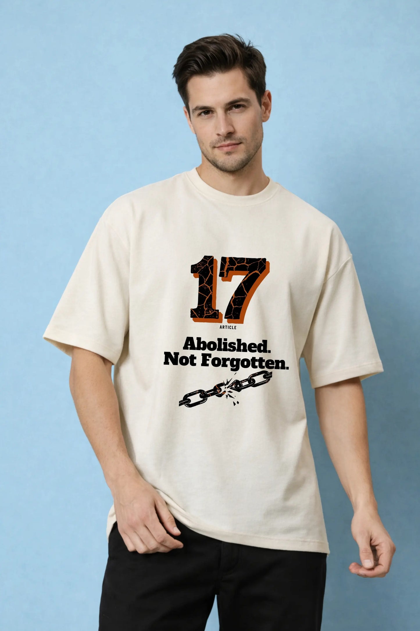 JUNOSHI Article 17 Abolished Not Forgotten Oversized Terry Tee — Constitutional Streetwear Off-White, Ambedkar Jayanti