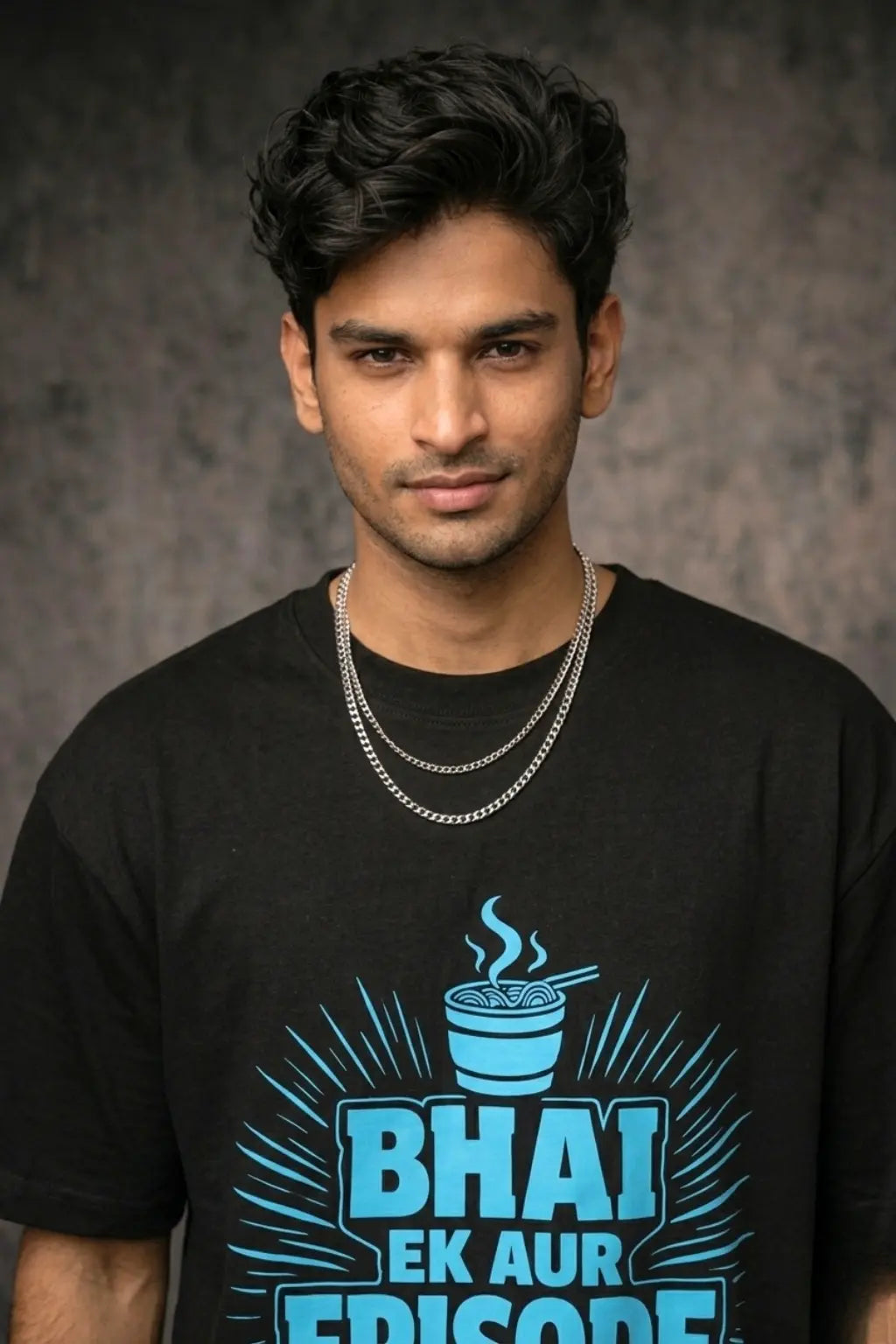Close-up of Bhai Ek Aur Episode cyan ramen graphic print on black oversized tee — JUNOSHI anime streetwear