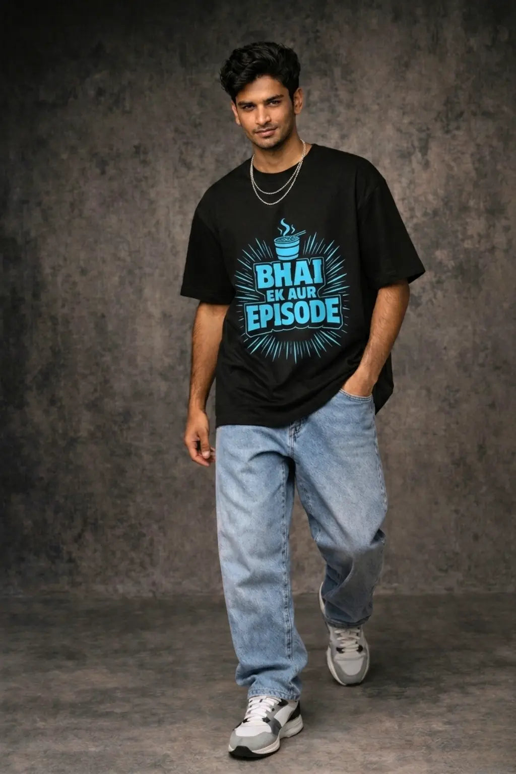 Black oversized anime streetwear tee with Bhai Ek Aur Episode graphic print — male model full body, JUNOSHI