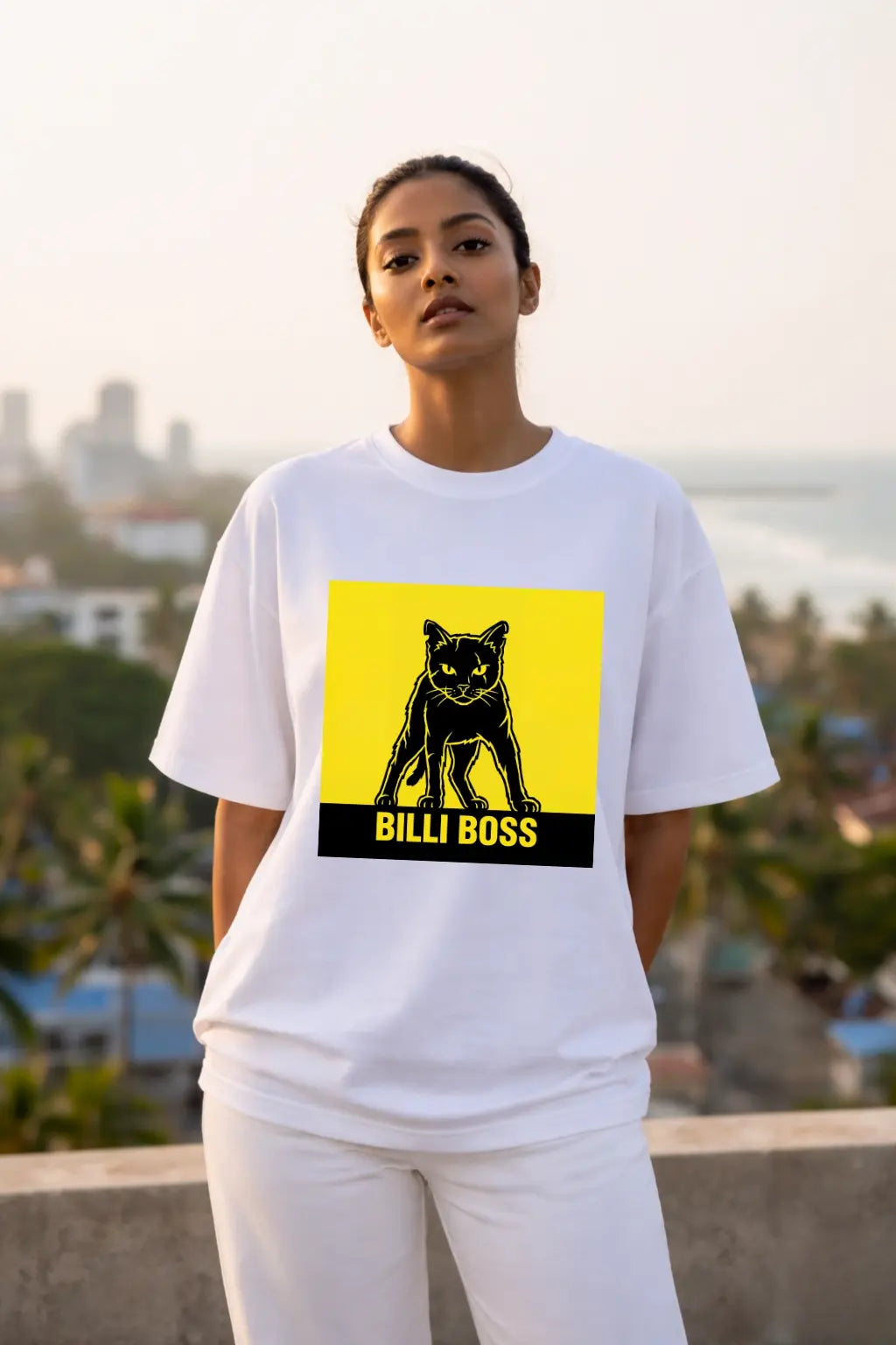 Billi Boss Desi Cat Oversized Tee Unisex — Full Body Front View