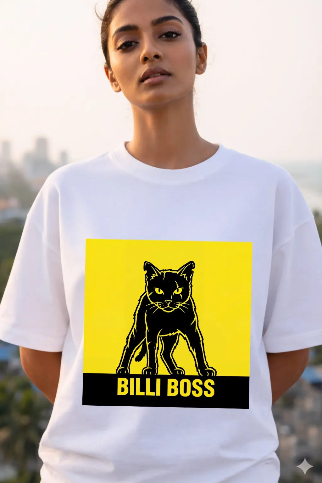 Billi Boss Desi Street Cat Oversized Tee White — Front Close View