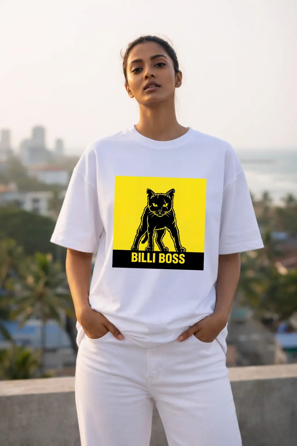 Billi Boss Bold Cat Graphic Oversized Tee White — Full Front View