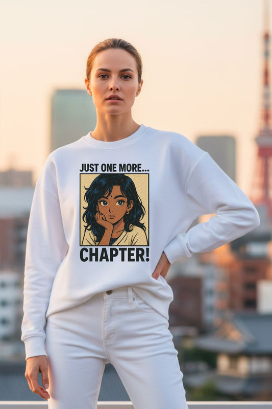 JUNOSHI Book Lover Oversized Sweatshirt Women — Desi Anime Reader Girl, Just One More Chapter Mood