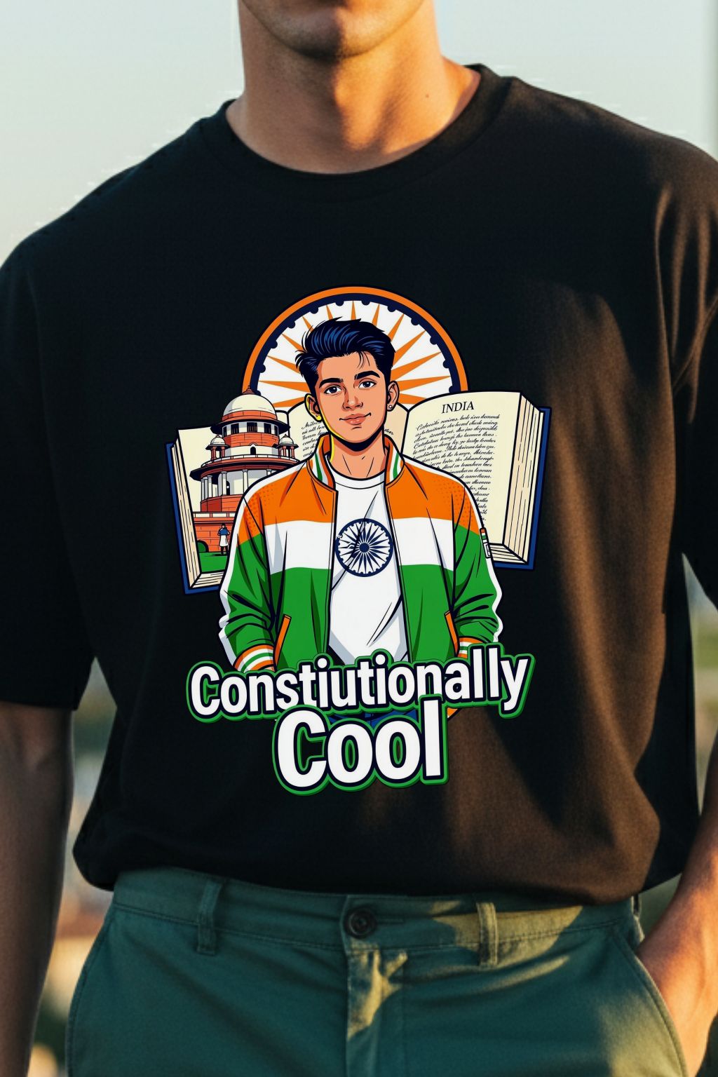 JUNOSHI Constitutionally Cool oversized tshirt — black, close-up of Constitution graphic with Ashoka Chakra, Supreme Court, and tricolour jacket character, patriotic streetwear India