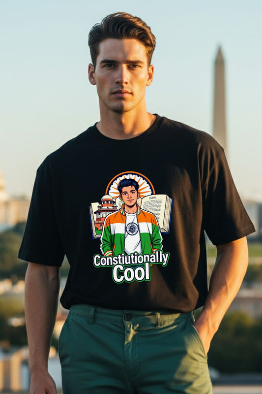 JUNOSHI Constitutionally Cool oversized tshirt men — black, full body, patriotic graphic tee India, desi Gen Z streetwear, Republic Day tshirt, Freedom Threads collection