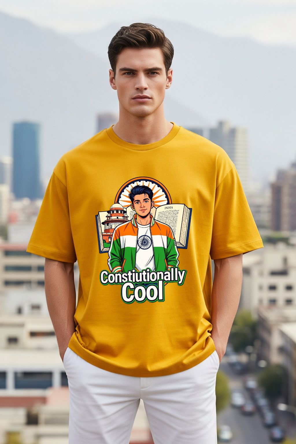 JUNOSHI Constitutionally Cool oversized tshirt men — golden yellow, patriotic Indian graphic tee, Constitution streetwear, bold desi design, Freedom Threads JUNOSHI