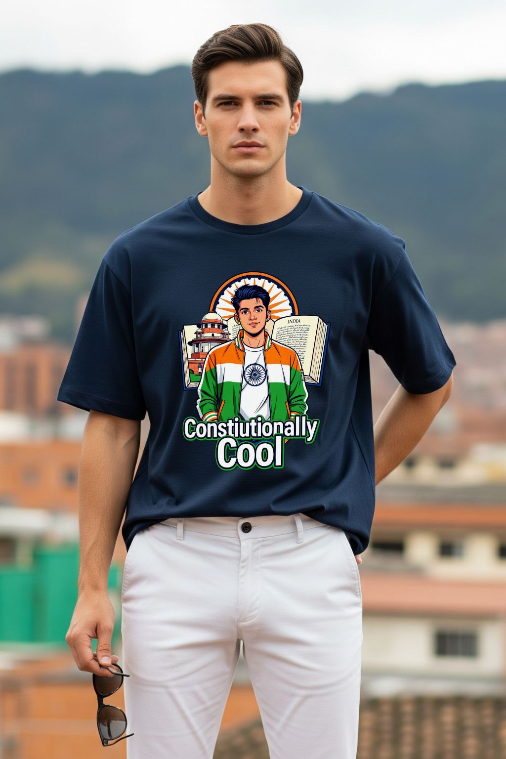 JUNOSHI Constitutionally Cool oversized tshirt men — navy blue, Indian patriotic graphic tee, Ashoka Chakra design, Constitution streetwear India, oversized fit