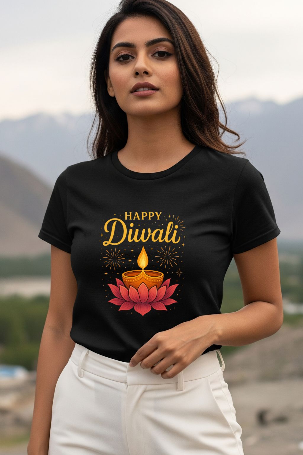 JUNOSHI Diwali Diya Lotus Tee Women Black — Festive Night Glow, Desi Diwali Streetwear