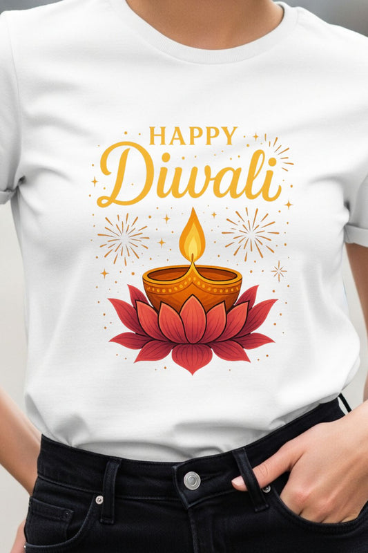JUNOSHI Diwali Diya Lotus Tee Women Close-Up — Print Detail, Diwali Evening Glow