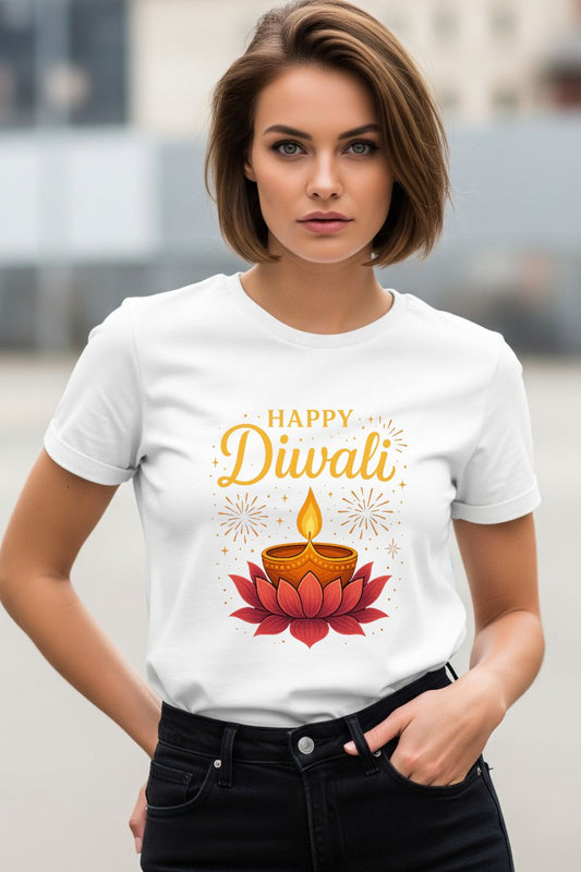 JUNOSHI Diwali Diya Lotus Oversized Tee Women — Festive Diya Glow, Desi Diwali Wear