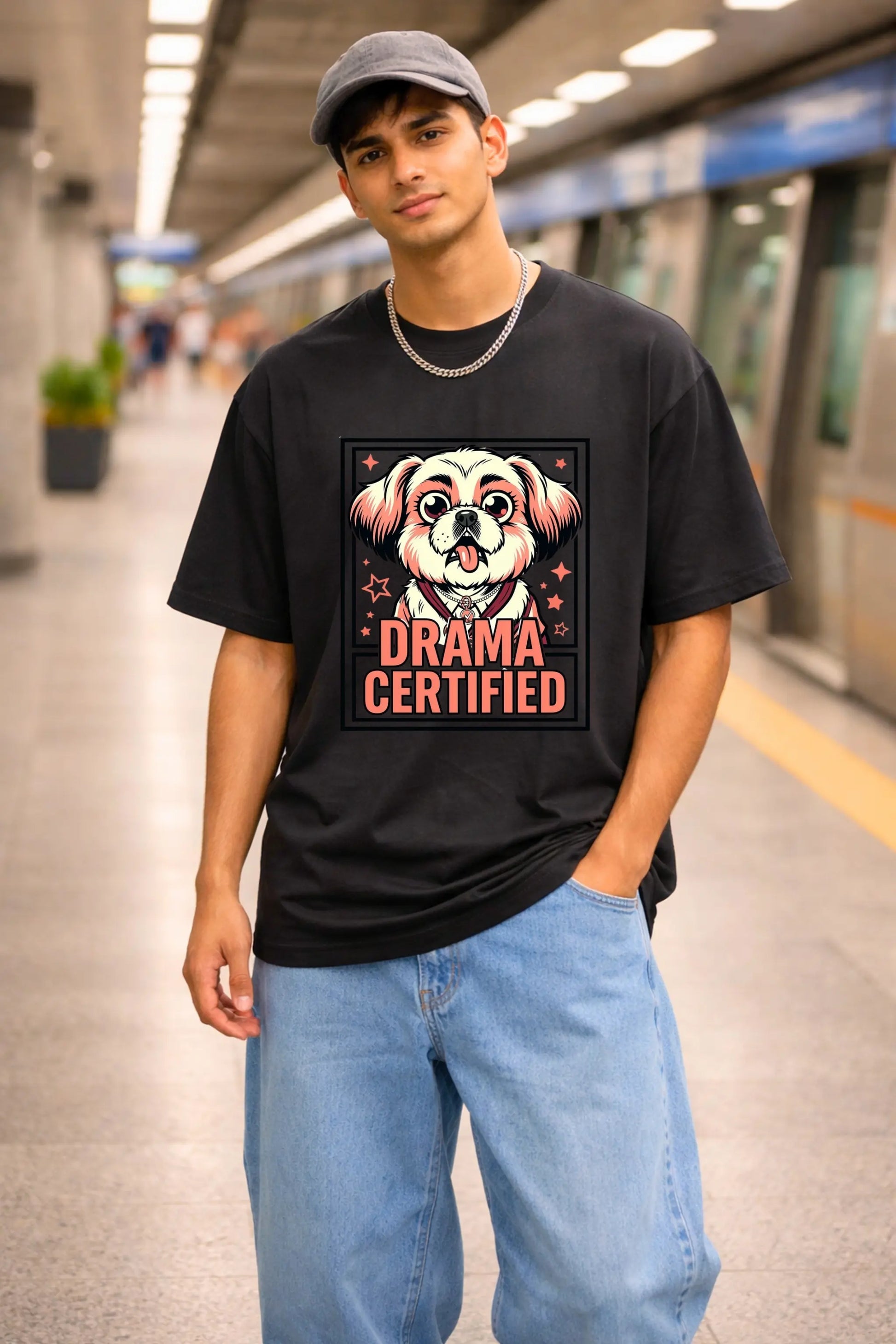 Drama Certified Shih Tzu oversized tee in black worn by man — dog dad graphic tshirt India