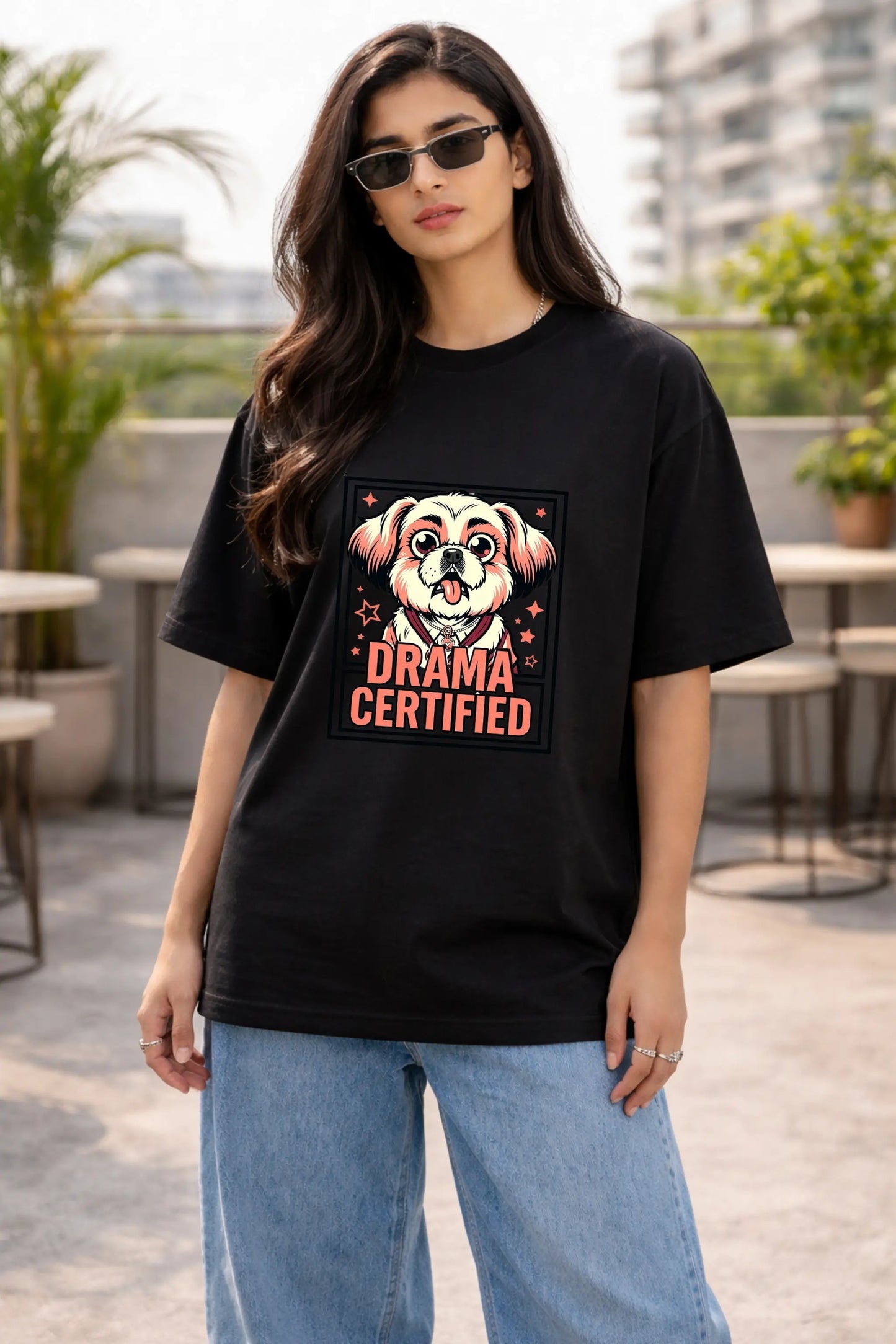 Drama Certified Shih Tzu oversized tee in black worn by woman — pet lover graphic tshirt for women