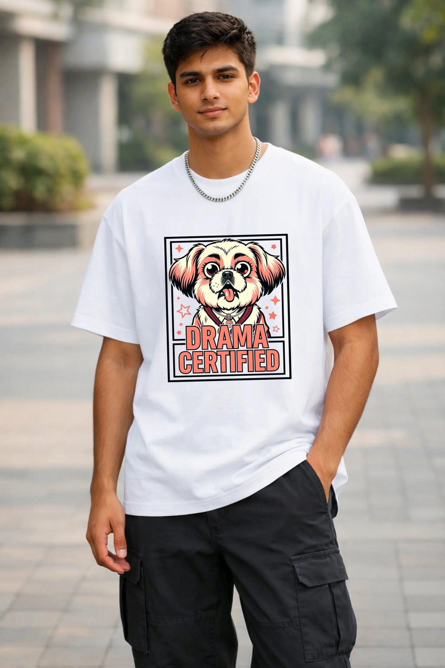 JUNOSHI Drama Certified Oversized Tee — Shih Tzu graphic on white oversized tshirt, worn by young man, Pet Pawtrait collection