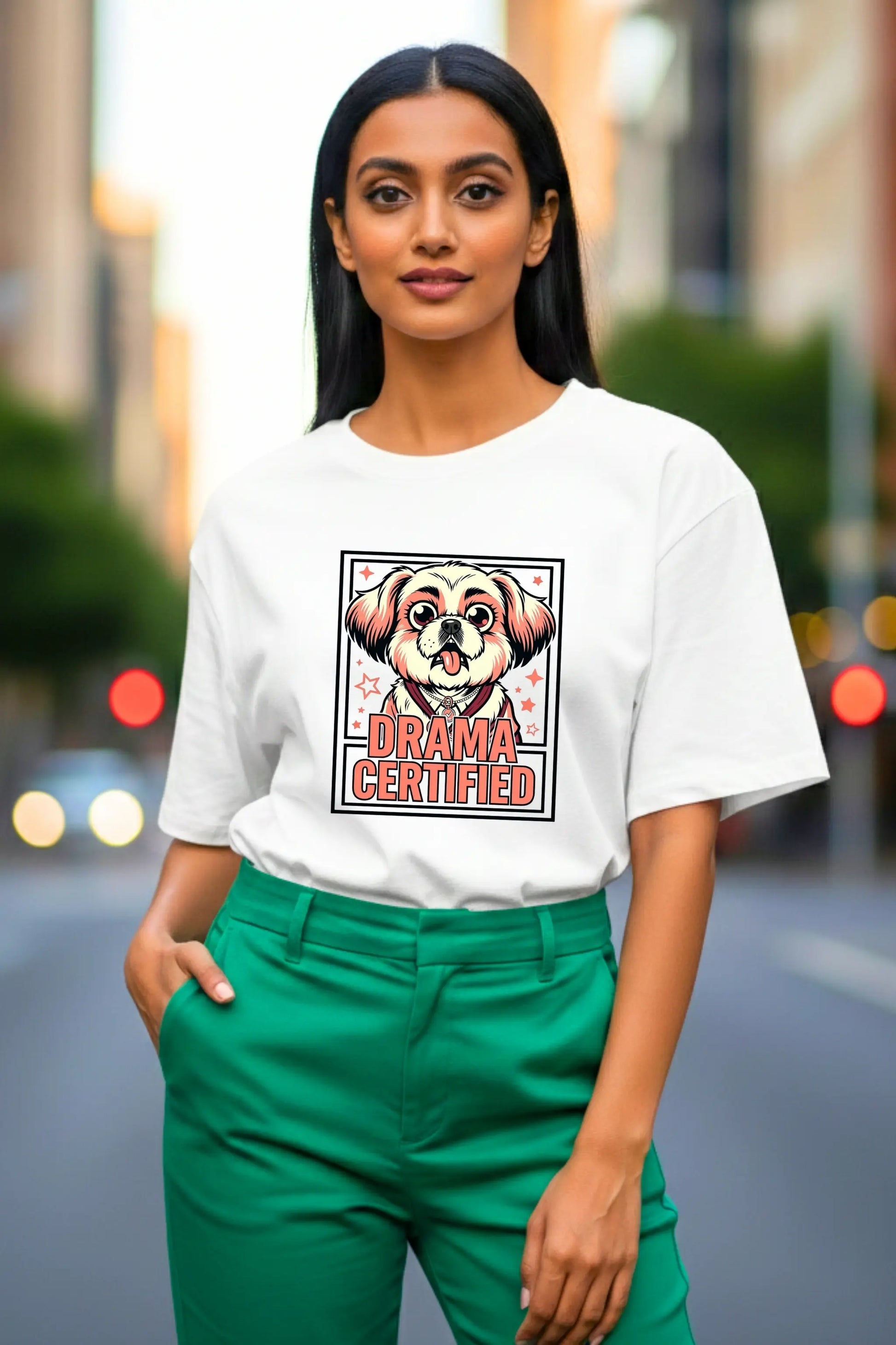 Drama Certified Shih Tzu oversized tee in white worn by woman — funny dog graphic tshirt for women India