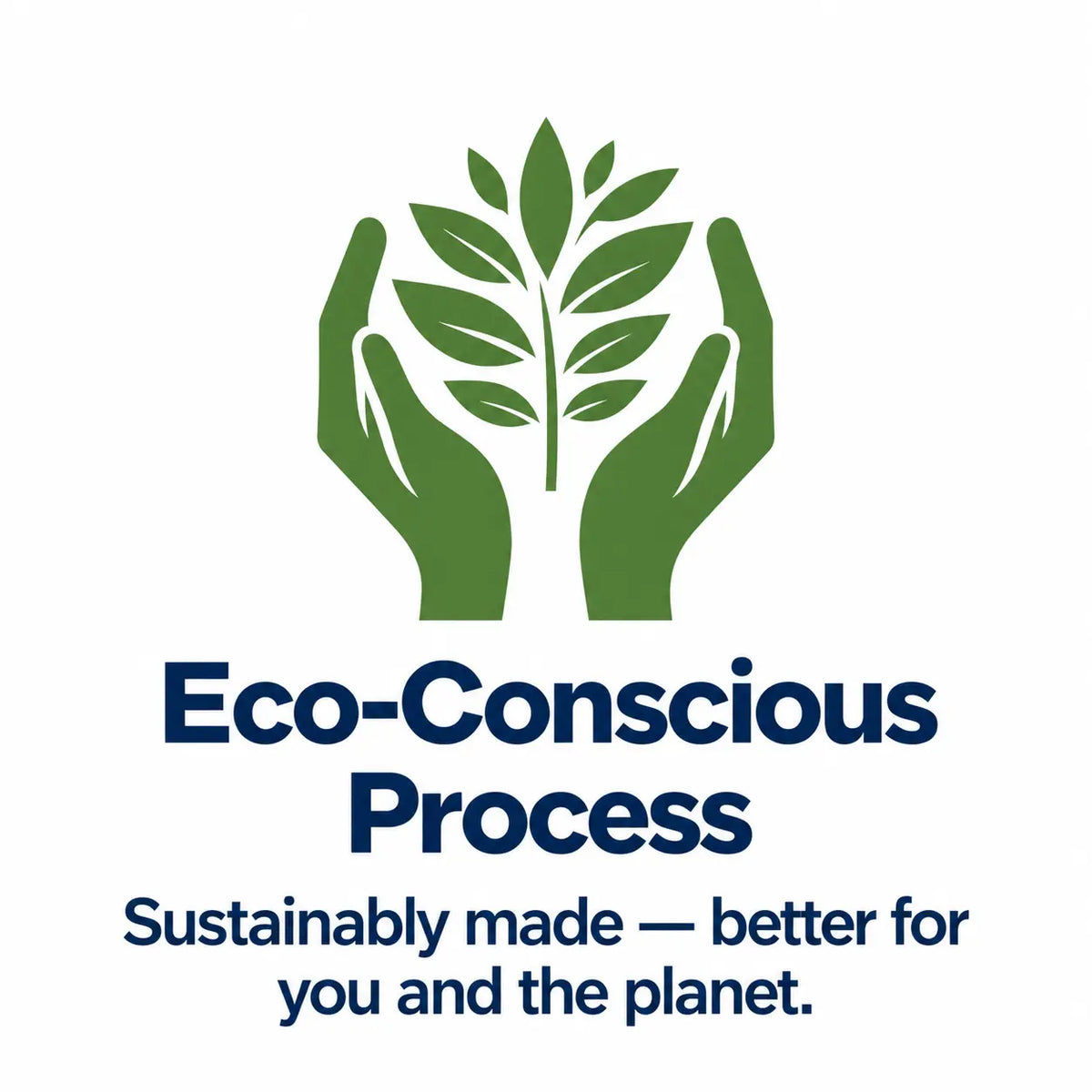 JUNOSHI eco-conscious process badge with hands holding a plant, showing sustainably made print-on-demand apparel