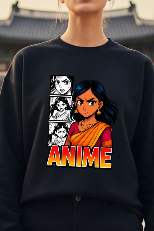JUNOSHI Fierce Saree Anime Sweatshirt Close-Up Women — DTF Print Detail, Desi Anime Streetwear
