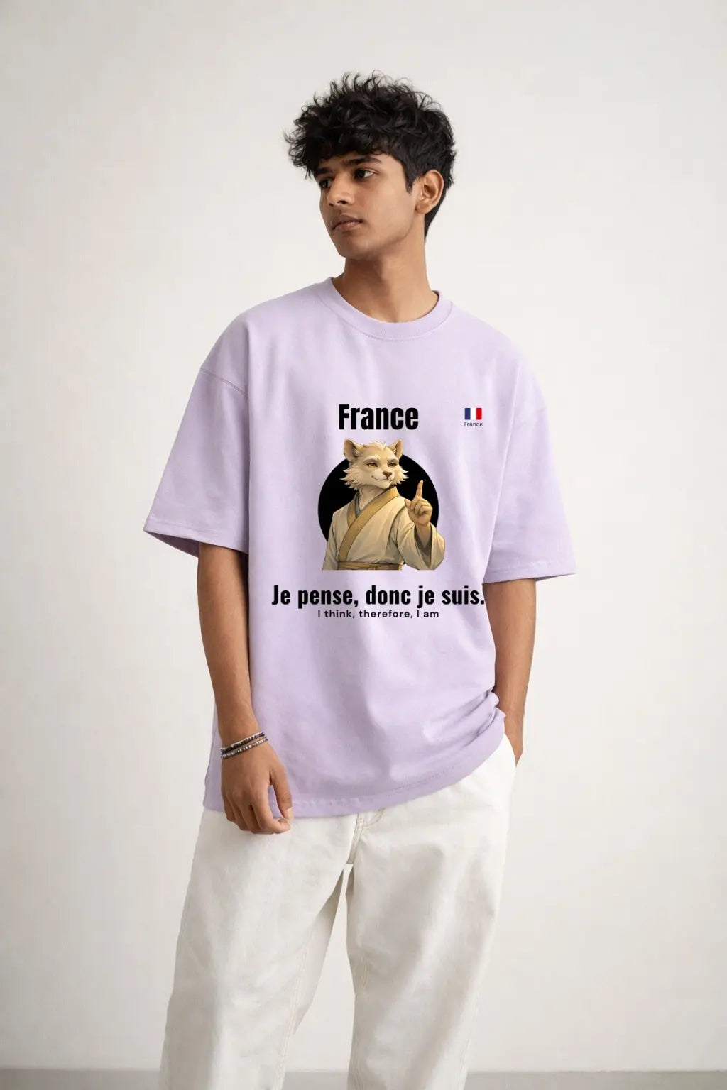 France Je Pense Donc Je Suis Oversized Tee — Men's front view | Shifu's World global wisdom streetwear | JUNOSHI