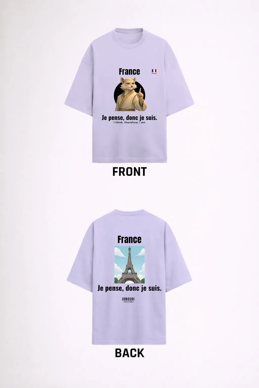 France Shifu's World Oversized Terry Tee — Flat lay front and back, Je Pense Donc Je Suis graphic tee unisex | JUNOSHI