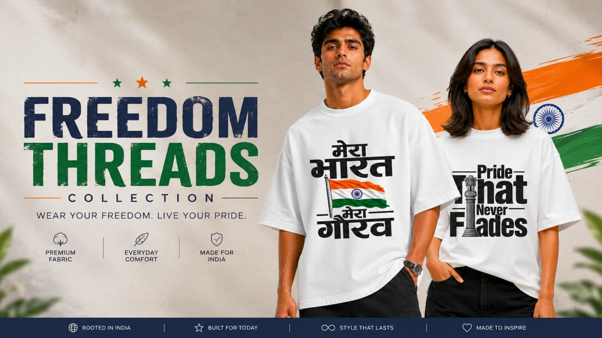 Freedom Threads Collection by JUNOSHI — Independence Day t-shirts for men and women, Mera Bharat Mera Gaurav and Pride That Never Fades designs