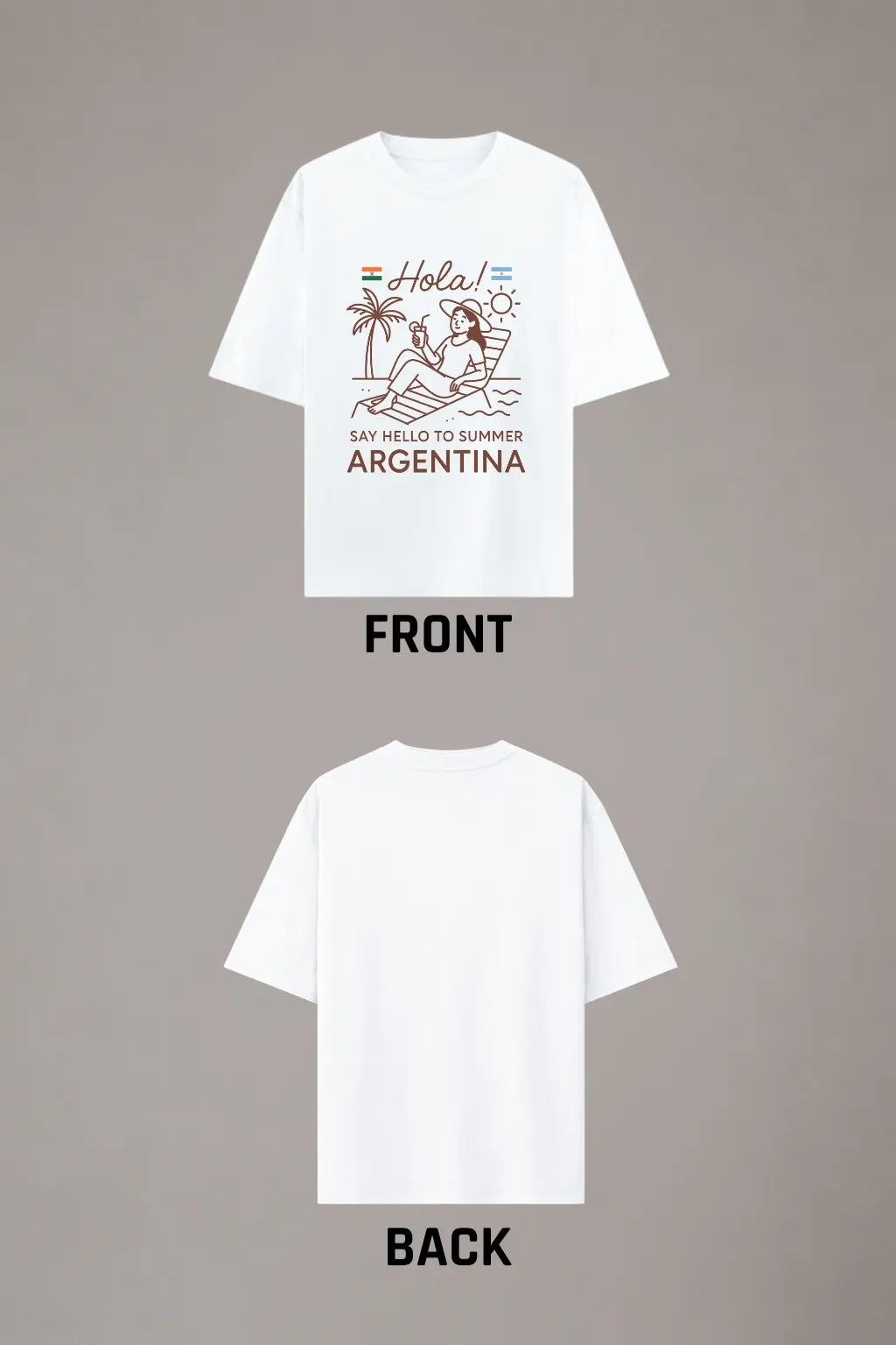 JUNOSHI Hola Argentina t-shirt front and back flat lay — India Argentina summer travel graphic tee