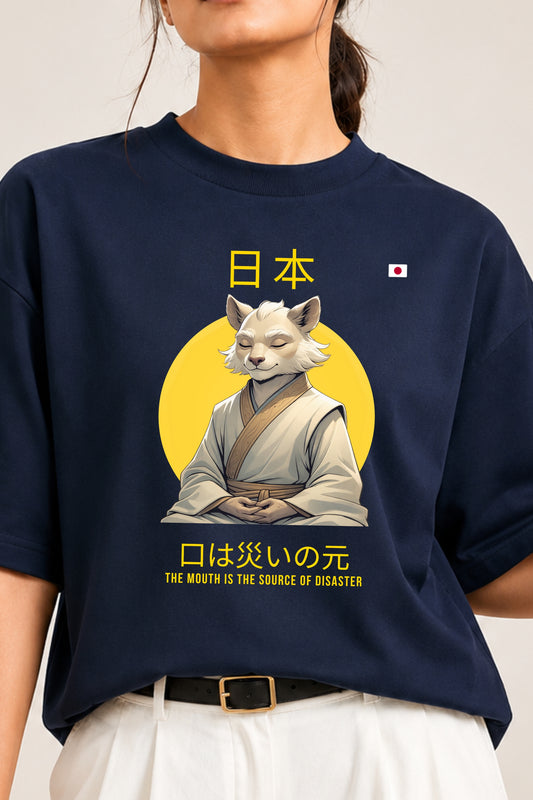 Kuchi wa Wazawai Shifu Anime Streetwear Oversized Tee Navy — Women Close-Up Front