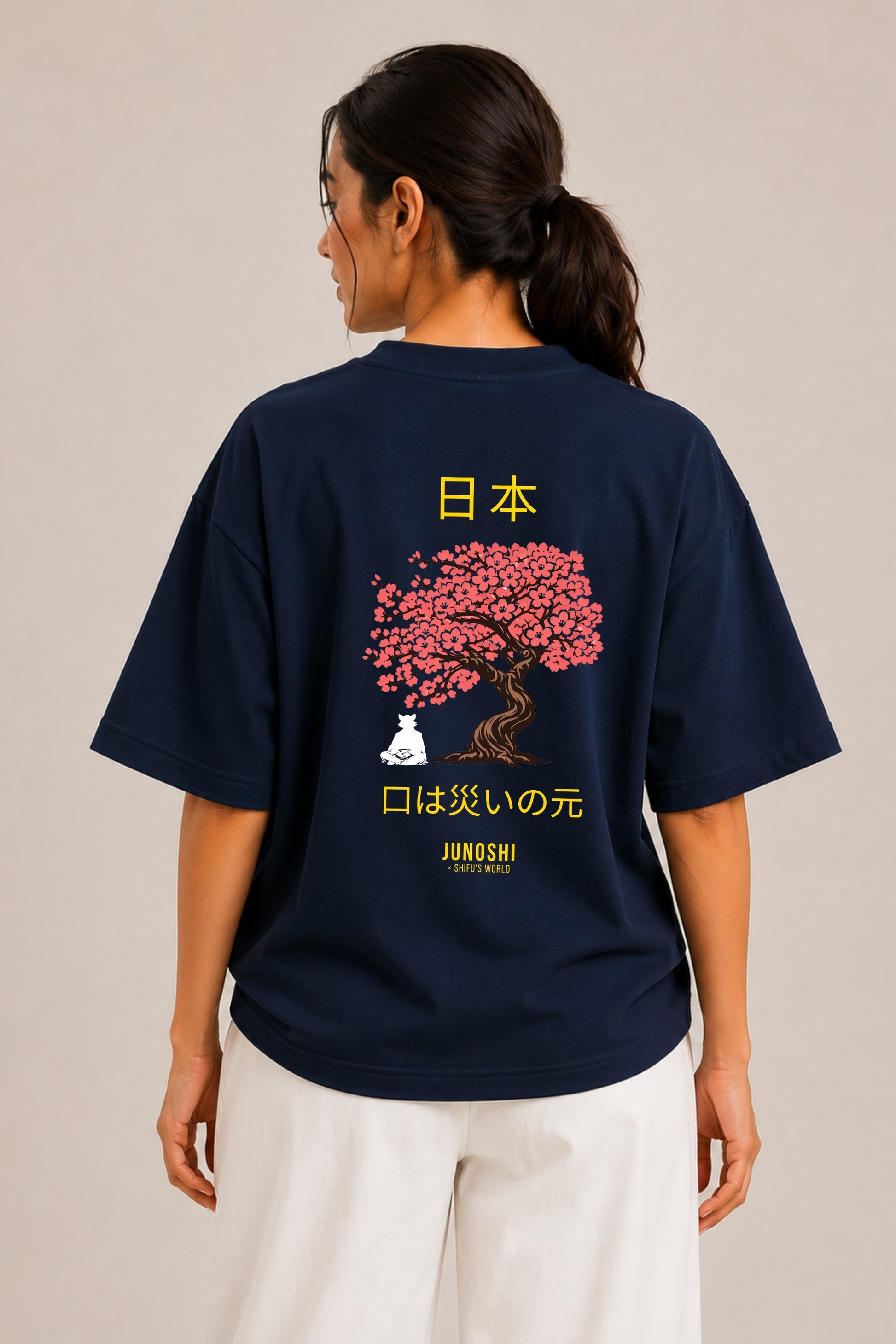 Kuchi wa Wazawai Shifu Cherry Blossom Back Print Oversized Tee Navy — Women Back View