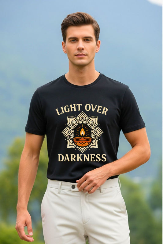 JUNOSHI Diya Mandala T-Shirt Men Black — Diwali Festive Wear, Light Over Darkness Style