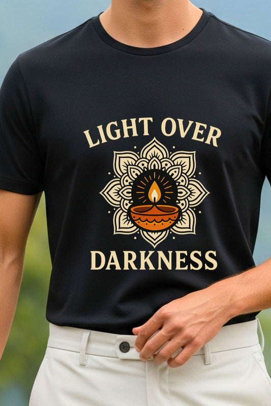 JUNOSHI Light Over Darkness T-Shirt Men Black — Diya Mandala Diwali Print, Festive Glow