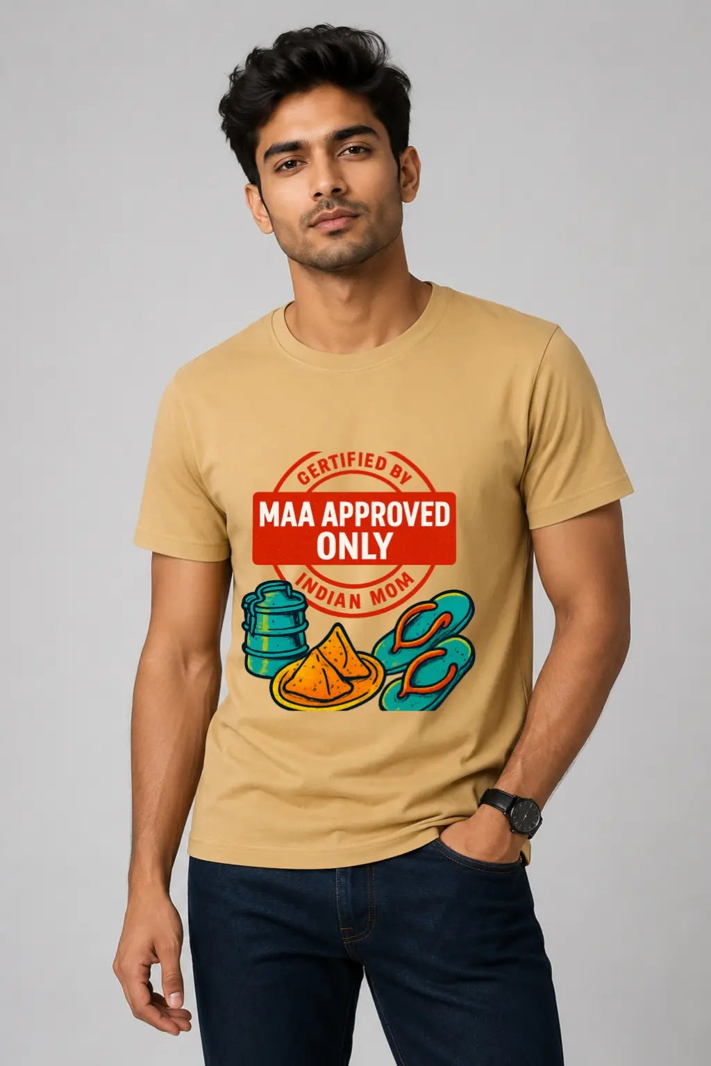 JUNOSHI Maa Approved Only Crew Neck Tee Men Beige — Certified by Indian Mom Stamp, Understated Desi Comfort