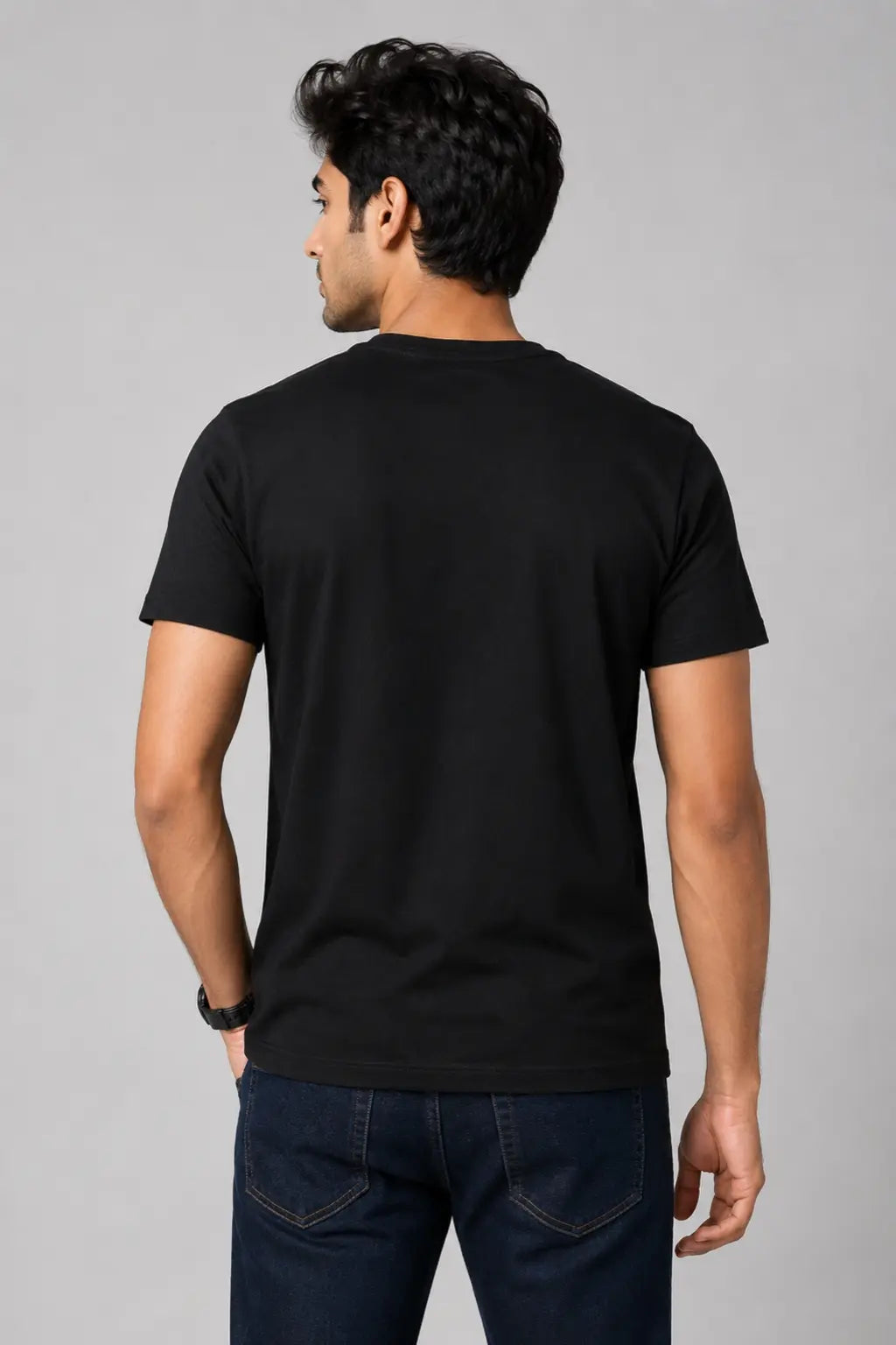 JUNOSHI Maa Approved Only Crew Neck Tee Men Black — Back View, Regular Fit Desi Streetwear