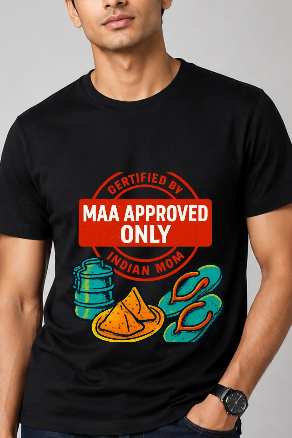 JUNOSHI Maa Approved Only Tee Men Black Close-Up — Certified by Indian Mom Stamp Print Detail