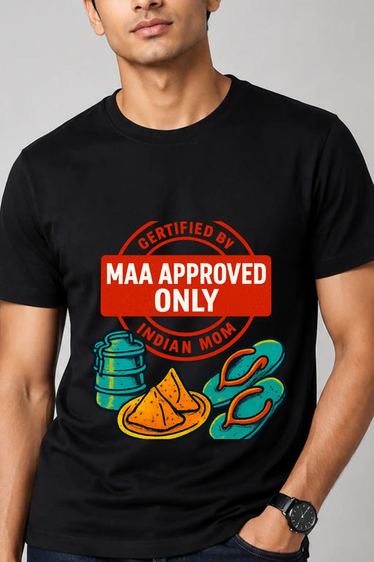 JUNOSHI Maa Approved Only Tee Men Black Close-Up — Certified by Indian Mom Stamp Print Detail