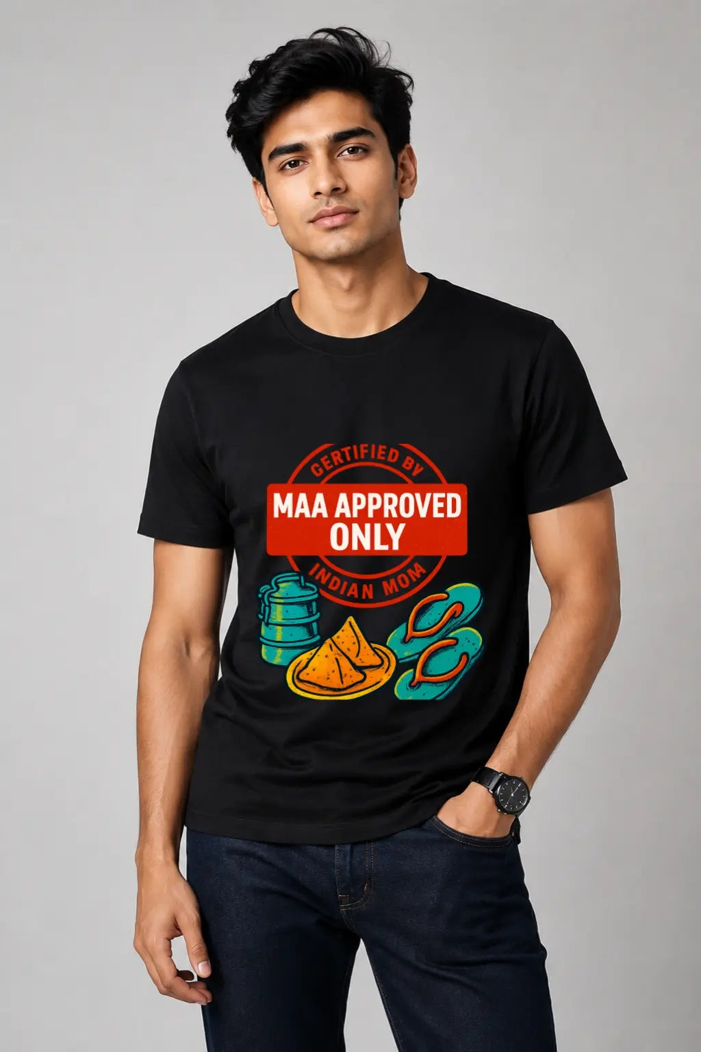 JUNOSHI Maa Approved Only Crew Neck Tee Men Black — Certified by Indian Mom Stamp, Desi Family Pride