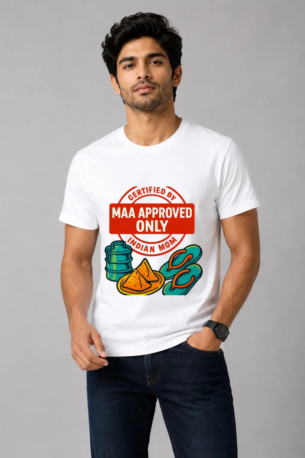 JUNOSHI Maa Approved Only Crew Neck Tee Men White — Certified by Indian Mom Stamp, Everyday Desi Pride