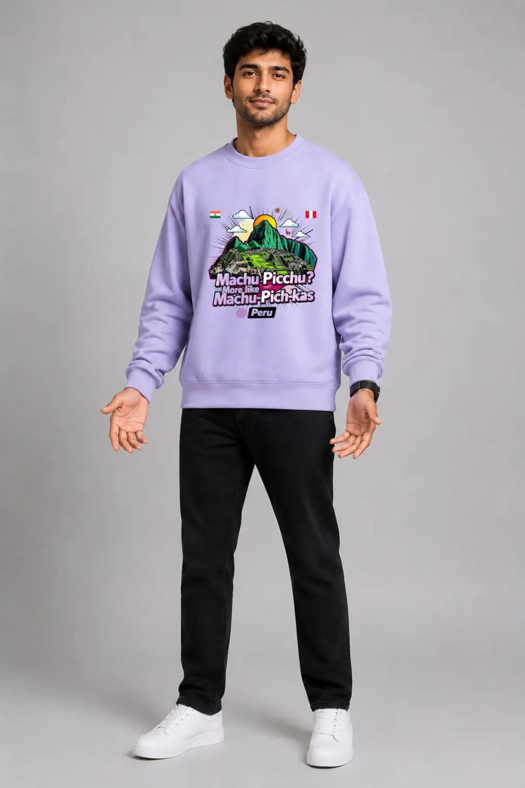 JUNOSHI Oversized Sweatshirt Men Lavender — Machu Picchu Peru Travel Graphic, Wanderlust Streetwear
