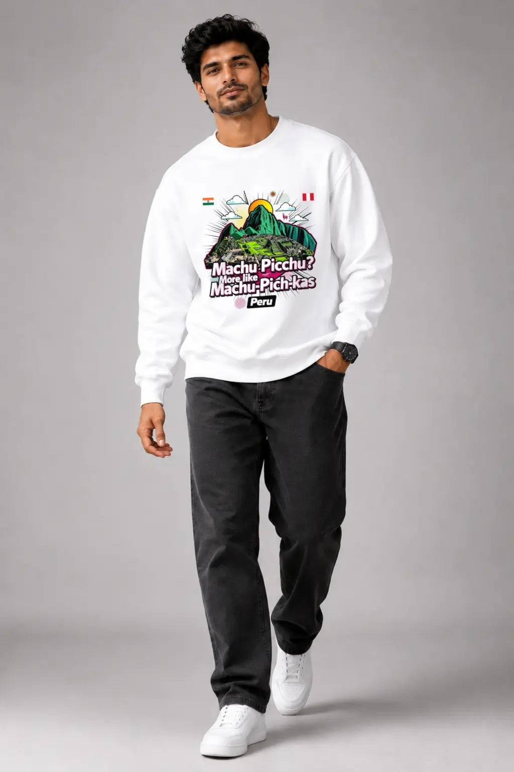 JUNOSHI Oversized Sweatshirt Men White — Machu Picchu Peru Travel Graphic, Walking the Wanderlust